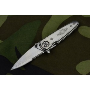 All Stainless Steel Spring Assisted Pocket Knife Laser Pattern Finish 