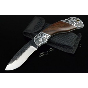 Black Bear 440 Stainless Steel Blade Aluminum Wooden Handle Satin Forged Pattern Black Finish Tactical Pocket Knife