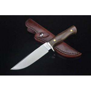 LW.D2 Steel Blade Flax Handle Satin Finsih Hunting Knife with Leather Sheath5056