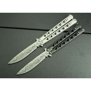 3Cr13MoV Steel Blade Metal Handle Acid Etched Finish Imitation Damascus Finish Balisong Knife3858