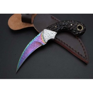 Damascus Steel Blade Ebony Wood Handle Titanium Karambit Fixed Blade Knife