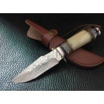 VG10 Damascus Steel Blade Metal Bolster Brass OX Bone Handle Fixed Blade Knife